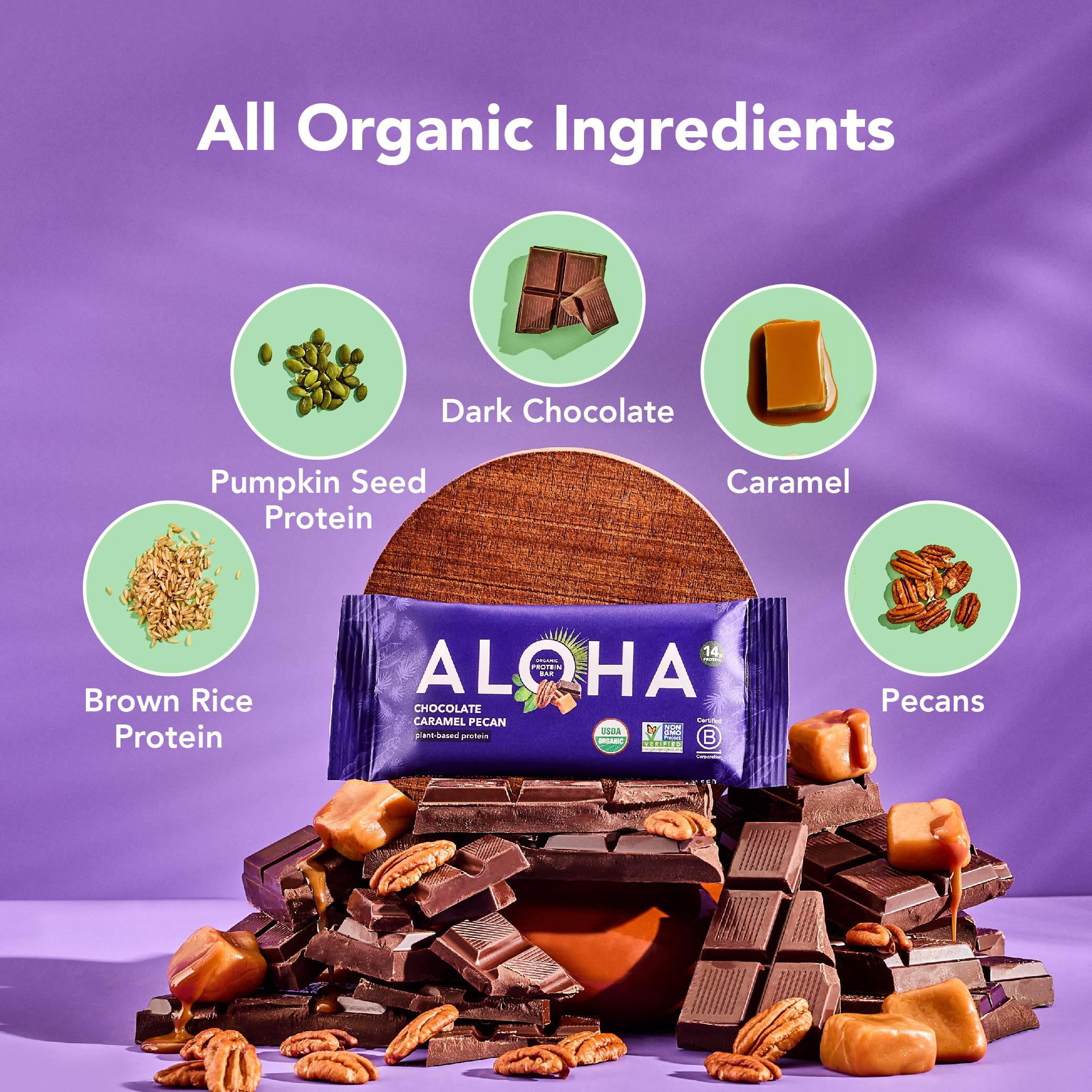 ALOHA Organic Plant Based Protein Bars | Chocolate Caramel Pecan